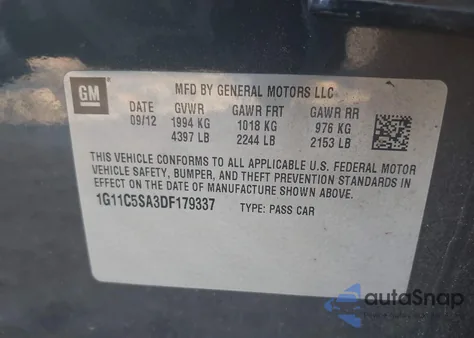 2013 Chevrolet Malibu 1Lt z USA, uszkodzony, nr VIN 1G11C5SA3DF179337